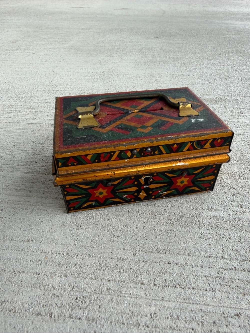 Vintage Czech Tin Safety Money Box Bank Made in Czechoslovakia Folk Art Lock Box